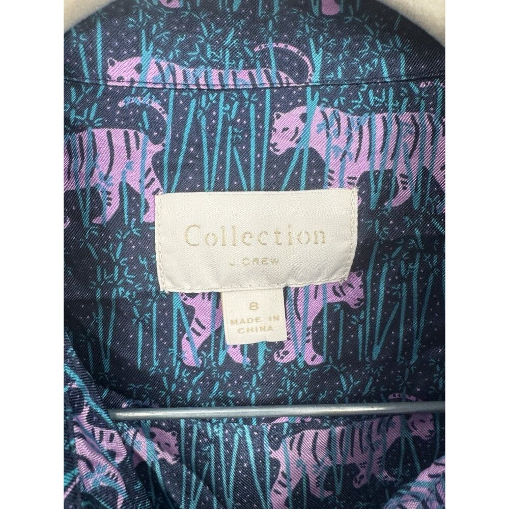J. Crew Collection Tiger Print 100% Silk Blouse Women 8 Navy Pink Button Front - Picture 4 of 8